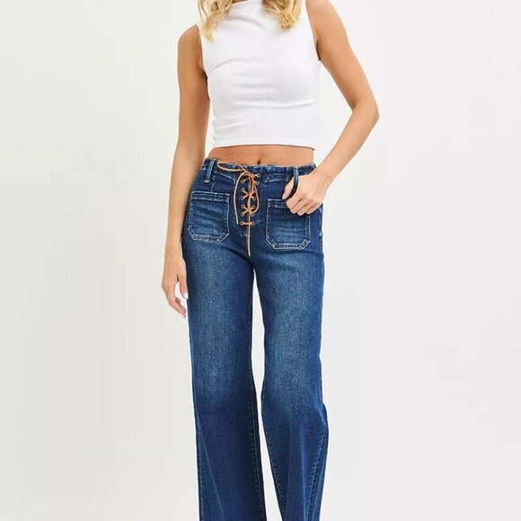 RISEN Full Size High Rise Wide Leg Jeans with Front Tie Detail Plus Size - Picture 6 of 7